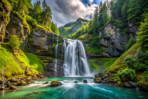 Majestic waterfall cascading down mossy rocks surrounded by lush greenery