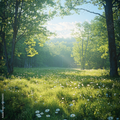 Sunlit forest meadow with wildflowers, peaceful nature scene for backgrounds