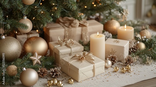 Delve into the gifts under the Christmas tree a top view image showcasing artisanal gift boxes, elegant baubles, star-shaped candles, jingle bells, and glitzy confetti on a muted beige surface.
