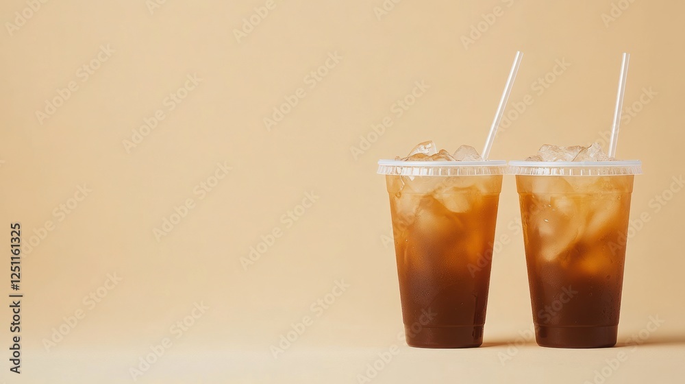 Refreshing Iced Tea Pair: Two Cups of Iced Tea with Ice Cubes and Straws against a Beige Background Refreshing Iced Tea Pair: Two Cups of Iced Tea with Ice Cubes and Straws against a Beige Background