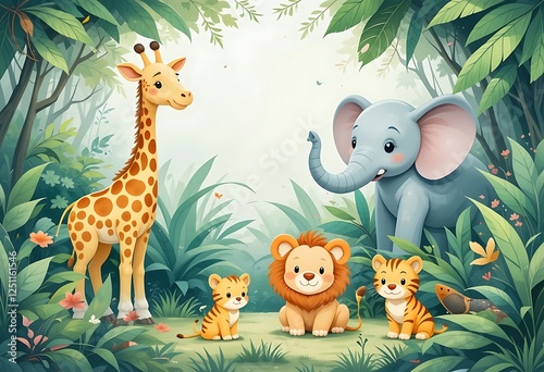 Cute cartoon safari zoo with animal frame border on background in watercolor style.