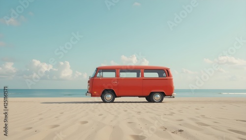 A classic red camper van parked on a sandy beach under a pastel sky. Perfect for travel, adventure, freedom, and road trip themes.