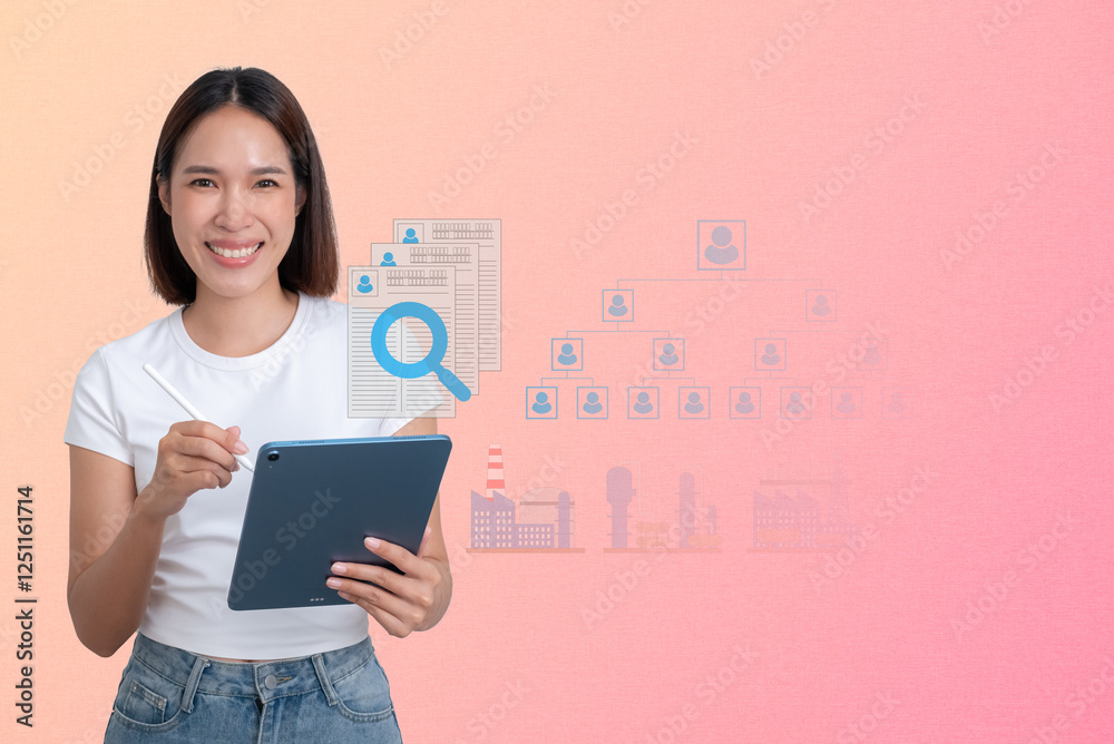 Business woman work with tablet find new job, Job application icon are floating on screen Business woman work with tablet find new job, Job application icon are floating on screen