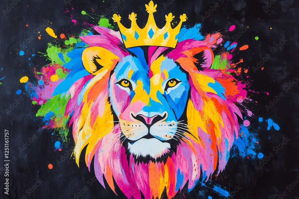 Colorful Lion with Crown - Vibrant painting of a lion wearing a gold crown, surrounded by colorful paint splashes on a black background. Colorful Lion with Crown - Vibrant painting of a lion wearing a gold crown, surrounded by colorful paint splashes on a black background.