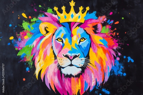 Colorful Lion with Crown - Vibrant painting of a lion wearing a gold crown, surrounded by colorful paint splashes on a black background. photo