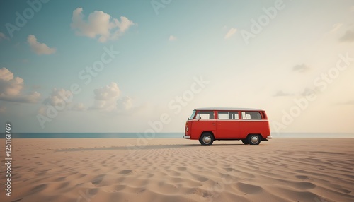 A classic red camper van parked on a sandy beach under a pastel sky. Perfect for travel, adventure, freedom, and road trip themes.