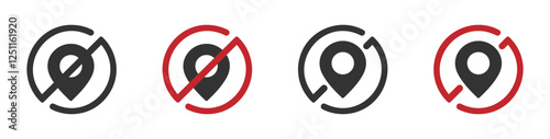 No GPS vector icons set. Invalid location signs. Prohibited location symbols