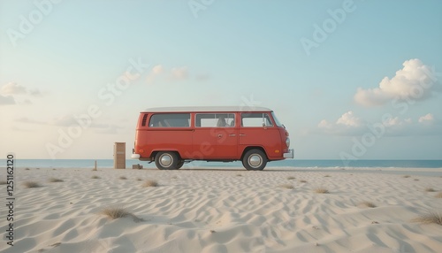 A classic red camper van parked on a sandy beach under a pastel sky. Perfect for travel, adventure, freedom, and road trip themes.