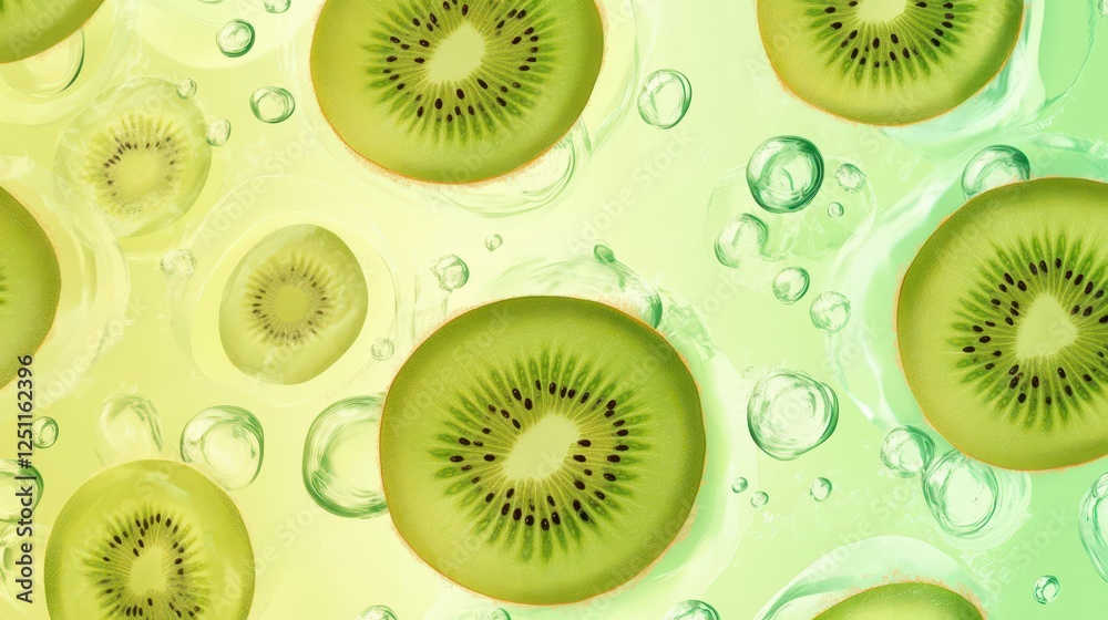 Fototapeta premium Fresh kiwi fruit background with vibrant colors and bubbles for creative design. Copy space