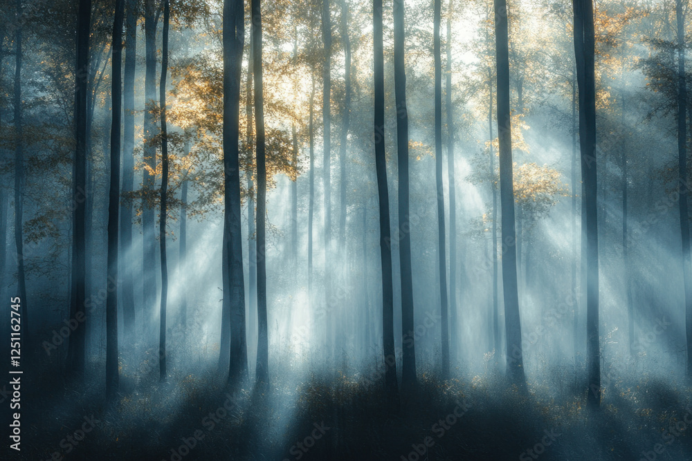 Obraz premium Sunlight filtering through fog in a serene forest.