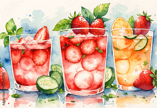 three glasses of fruit and watercolor