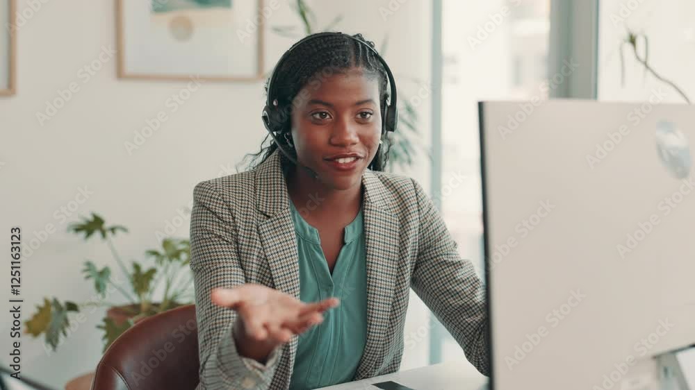 Black woman, consultant and video call with headset for online assistance, support or virtual communication at office. Female person, agent or webinar with advice or help for terms and conditions
