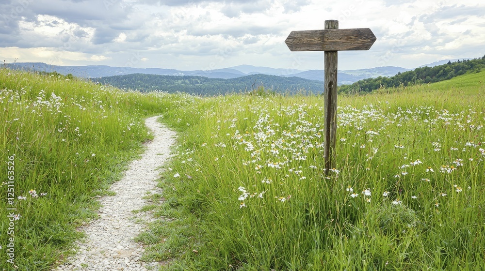 Rustic path meanders through lush grass and vibrant wildflowers, with a weathered signpost directing wanderers in a serene countryside setting.