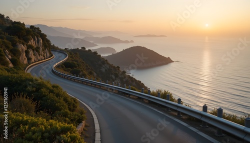 A breathtaking coastal road winding along the sea, illuminated by a golden sunset. Perfect for travel, adventure, and nature themes.