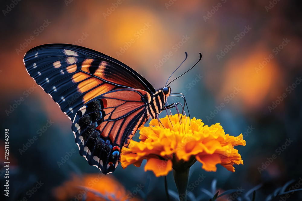 Obraz premium Butterfly on marigold flower in garden at sunset