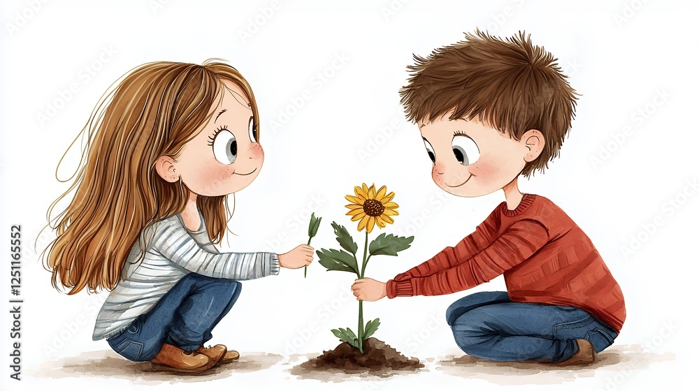Girl and Boy Planting a Sunflower Seedling Together Girl and Boy Planting a Sunflower Seedling Together