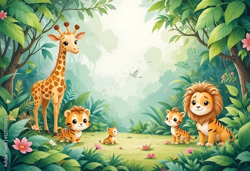 Cute cartoon safari zoo with animal frame border on background in watercolor style.