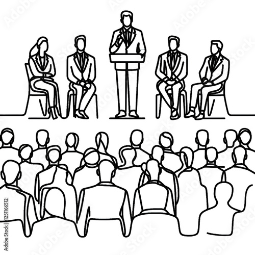 continuous single line drawing of keynote speaker and audience at business conference, line art vector illustration isolated on white background