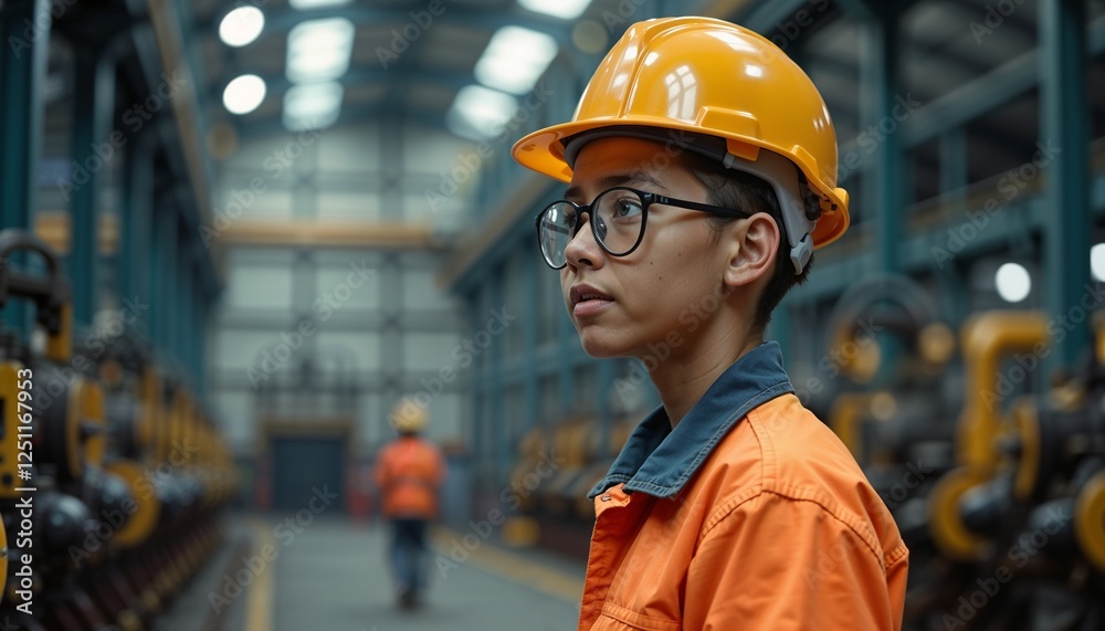 Young engineer with determination wearing safety helmet in industrial setting