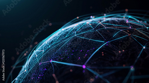 Abstract 3D planet surrounded by neon nexus lines, interconnected grid and glowing nodes