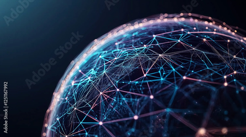 Abstract 3D planet surrounded by neon nexus lines, interconnected grid and glowing nodes