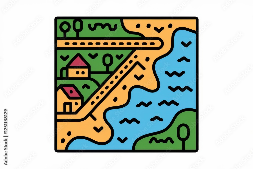 Fototapeta premium Stylized Map Illustration: Coastal Village with Houses, Roads, and Water