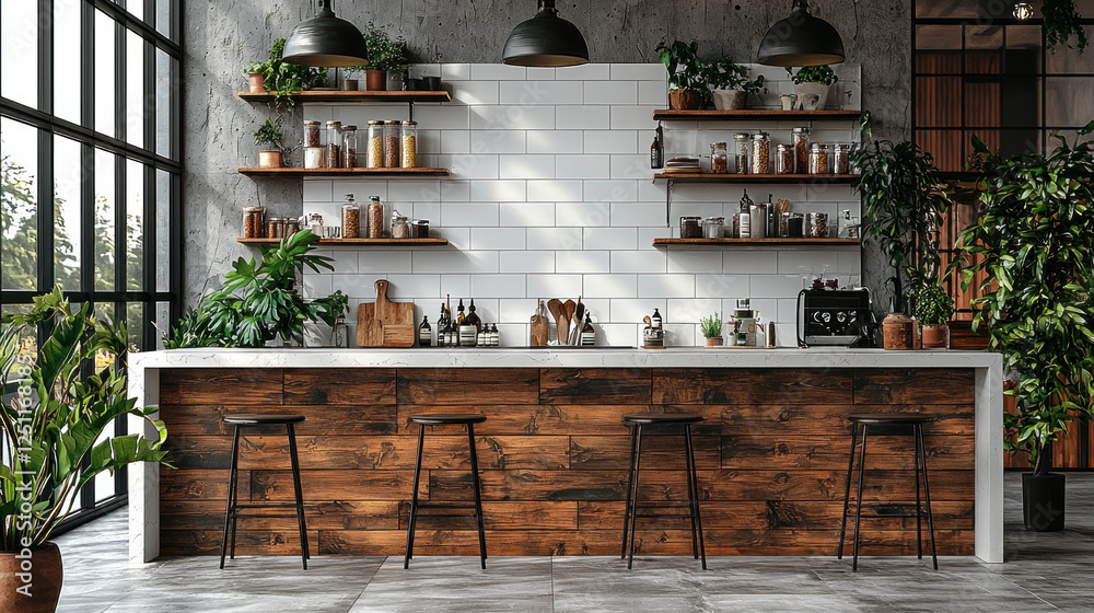 Modern cafe bar interior, wooden counter, shelves, plants, industrial style Modern cafe bar interior, wooden counter, shelves, plants, industrial style
