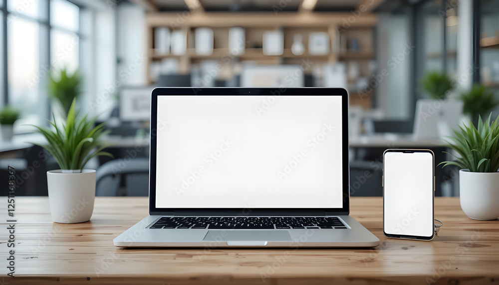 Modern Workspace with Digital Devices - Laptop and Smartphone Modern Workspace with Digital Devices - Laptop and Smartphone