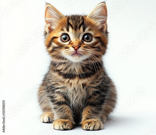 a cute ginger cat sitting and gazing at the camera, placed on a white background