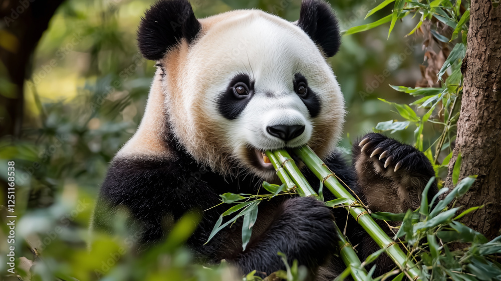 Fototapeta premium Adorable giant panda chewing on fresh bamboo, surrounded by lush green forest