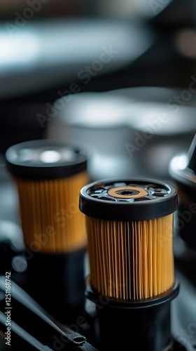 Close-up fuel filters, car engine, workshop, maintenance