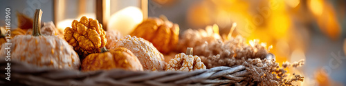 Assortment of Ornamental Gourds and Pumpkins in Wicker Basket photo