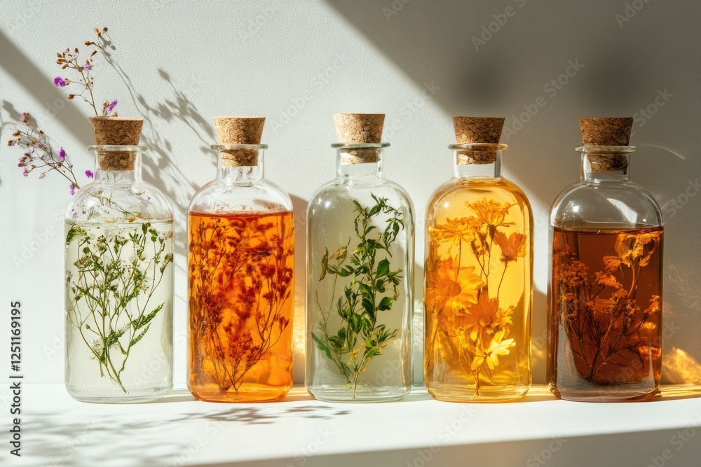 Bottles of natural cosmetics arranged elegantly on a light background, highlighting their simplicity and purity. Bottles of natural cosmetics arranged elegantly on a light background, highlighting their simplicity and purity.