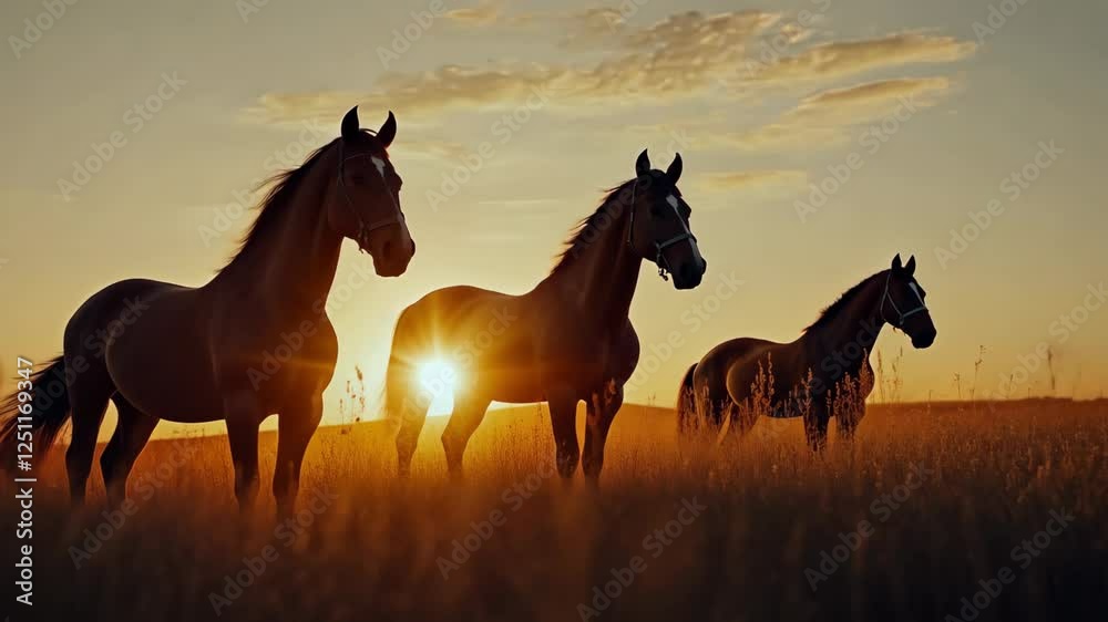 Silhouettes of horses in the field at sunset Silhouettes of horses in the field at sunset