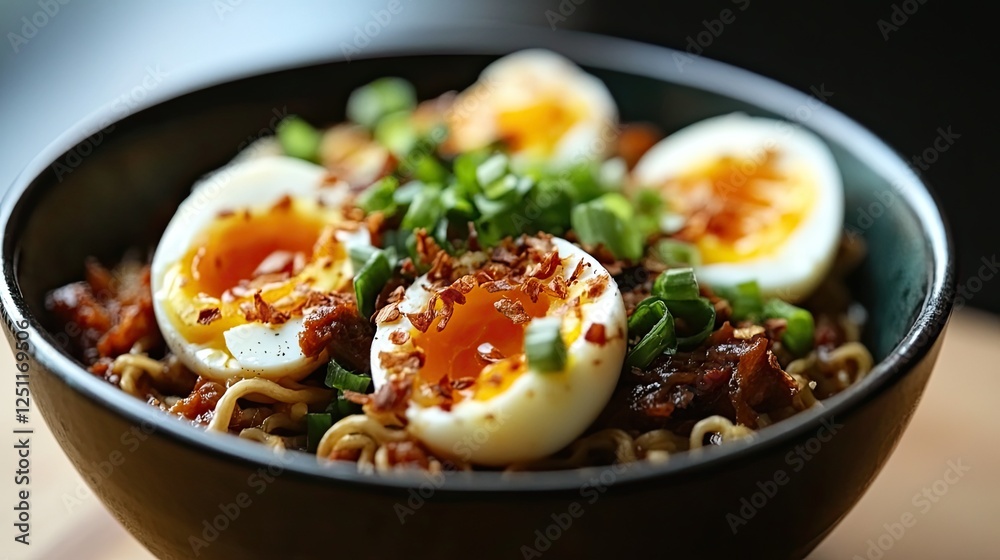 Delicious bowl of ramen noodles with soft-boiled eggs and green onions Delicious bowl of ramen noodles with soft-boiled eggs and green onions