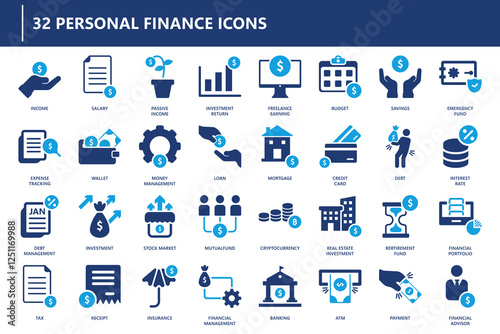 Personal finance icon animation featuring a modern set of financial symbols, including savings, investment, tax, banking, and cryptocurrency. 