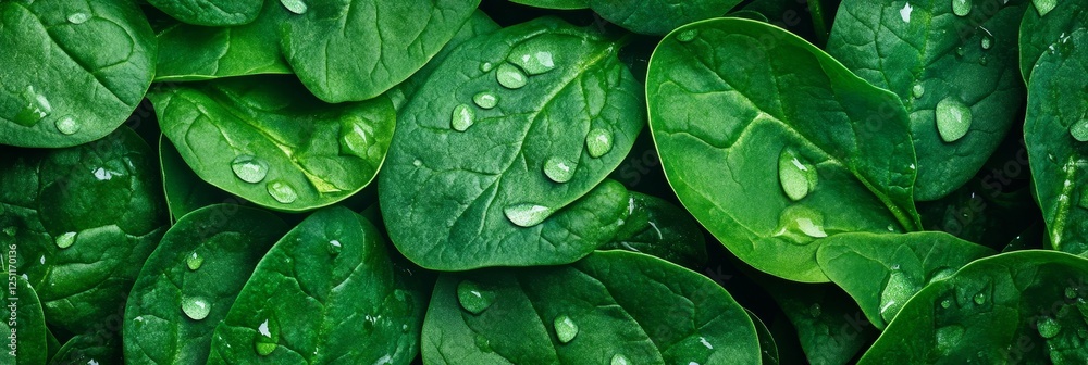 Fototapeta premium Fresh Spinach Leaves with Dew Drops - Close-up of vibrant green spinach leaves covered in morning dew. Perfect for healthy eating, vegetarian, and nature themes.