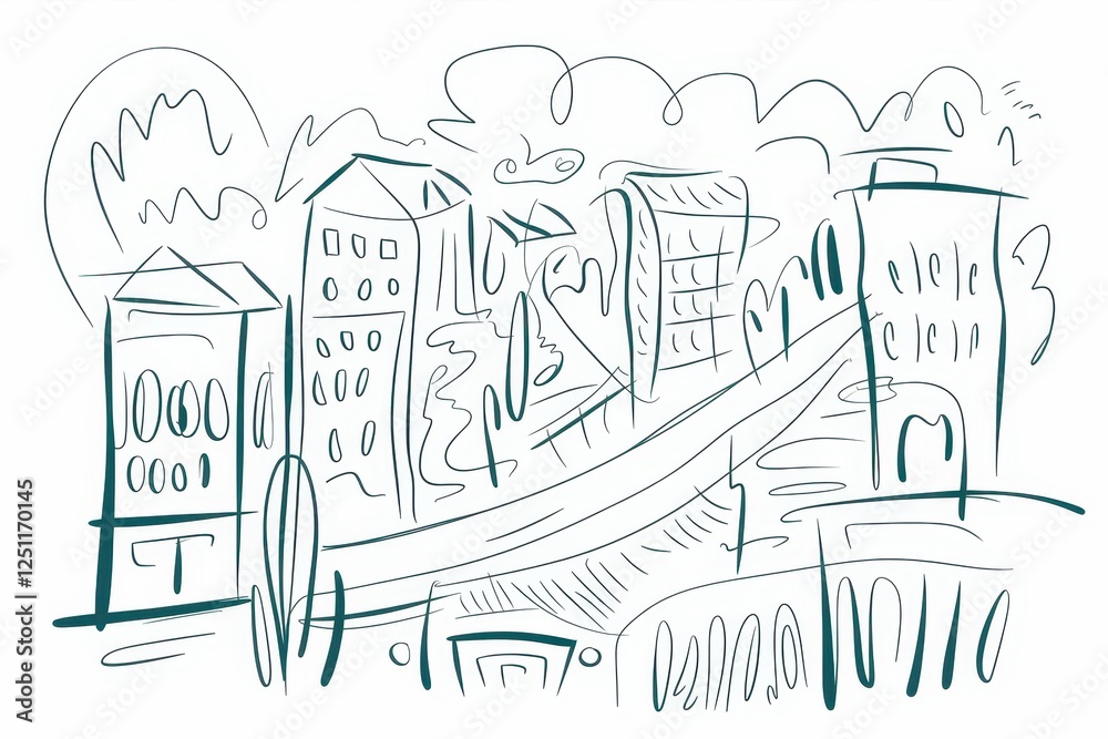 Fototapeta premium Abstract Cityscape Sketch: Teal Urban Line Art