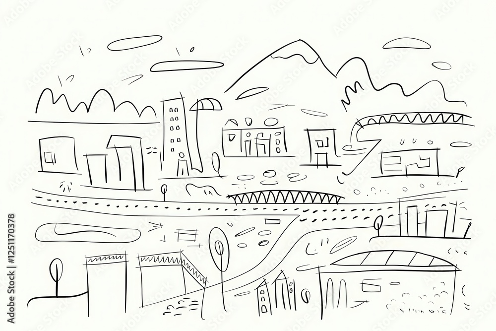 Obraz premium A Child's Sketch: Imaginative Cityscape with Mountains and River