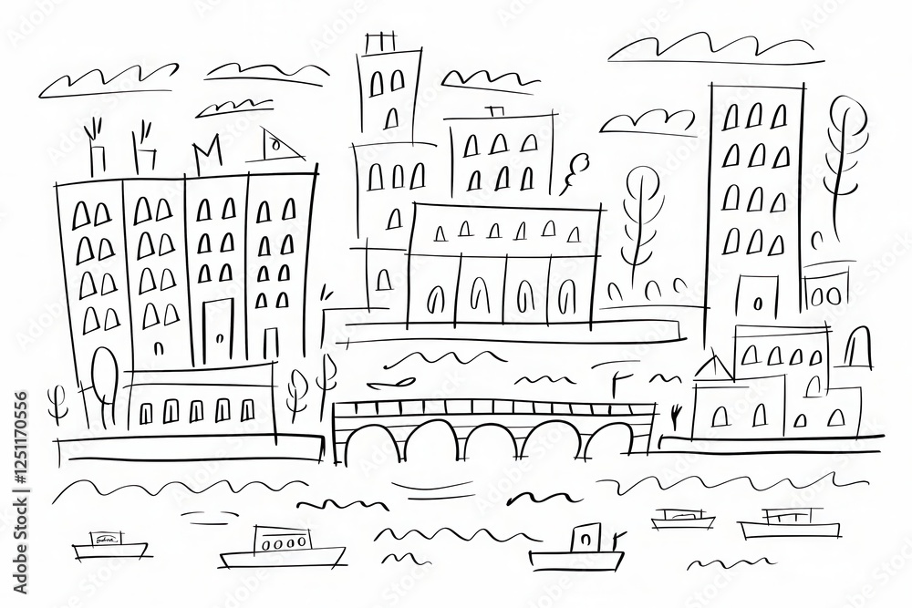 Fototapeta premium A Whimsical Hand-Drawn Cityscape by the River