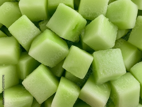Neatly Cut Cubes of Fresh Green Honeydew Melon Displayed in a Pile