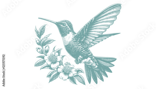 hummingbird flying, teal, floral, vintage style clip art preview