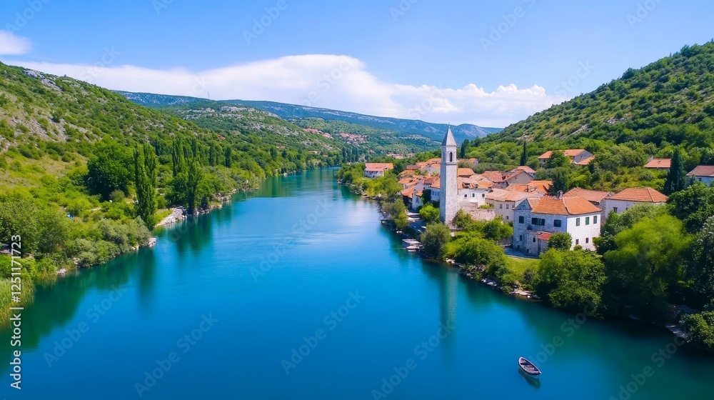 River Village Scenic View - Picturesque aerial view of a charming village nestled along a vibrant blue river, surrounded by lush green hills under a clear sky. River Village Scenic View - Picturesque aerial view of a charming village nestled along a vibrant blue river, surrounded by lush green hills under a clear sky.