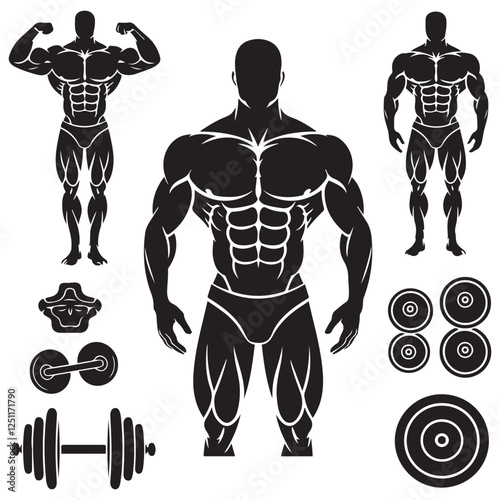 Bodybuilder icon. Man silhouette of a strong man, athlete icon. Body building muscles. Vector illustration