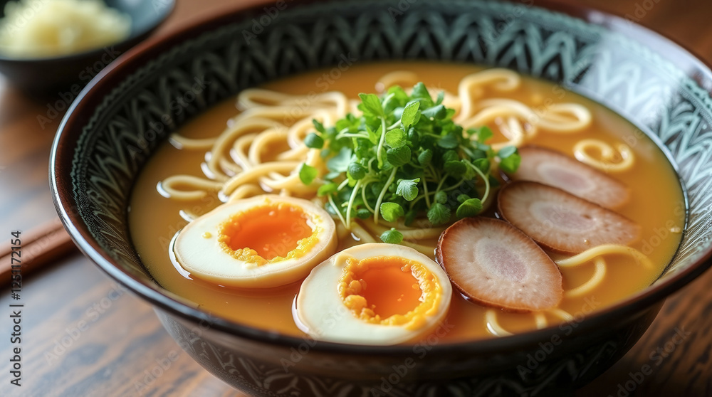 A bowl of ramen soup with eggs and meat. The bowl is on a wooden table. The soup is hot and the eggs are cooked. The bowl is full and the soup is almost overflowing A bowl of ramen soup with eggs and meat. The bowl is on a wooden table. The soup is hot and the eggs are cooked. The bowl is full and the soup is almost overflowing