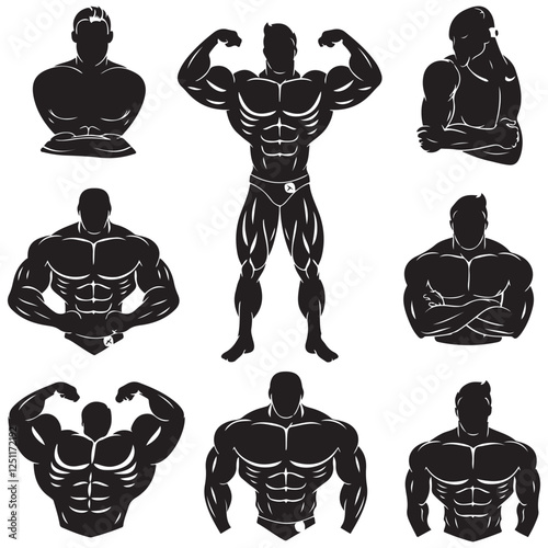 Bodybuilder icon. Man silhouette of a strong man, athlete icon. Body building muscles. Vector illustration