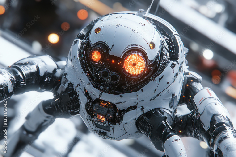 Fototapeta premium A spider-like robot with glowing eyes navigates a high-tech setting filled with advanced machinery, showcasing modern innovation and engineering