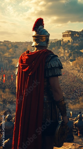 Roman soldier surveys army, city battle