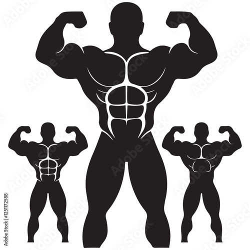 Bodybuilder icon. Man silhouette of a strong man, athlete icon. Body building muscles. Vector illustration