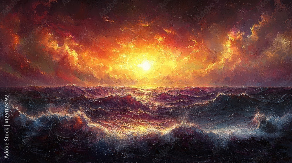 Fototapeta premium A dramatic sunset over turbulent ocean waves, showcasing nature's beauty.